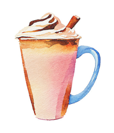 Coffee Milkshake with Whipped Cream and Milk in Mug - Colorful Watercolor Illustration on Paper Texture. Hand Painting Style. Isolated on White Background. Trendy and Creative.の素材