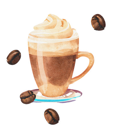 Coffee Milkshake with Whipped Cream, Milk and Decorations in Mug - Watercolor Illustration on Paper Texture. Hand Painting Style. Isolated on White Background. Trendy and Creative.の素材