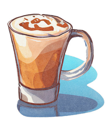 Cappuccino or Latte Coffee with Cream and Milk in Mug - Watercolor Illustration on Paper Texture. Hand Painting Style. Isolated on White Background. Trendy and Creative Style Art.の素材