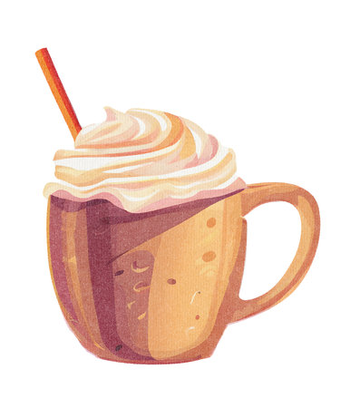 Cappuccino or Latte Coffee with Whipped Cream and Milk in Mug - Watercolor Illustration on Paper Texture. Hand Painting Style. Isolated on White Background. Trendy and Creative.の素材