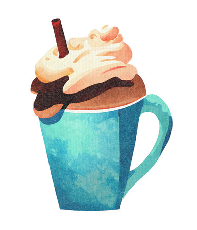 Coffee Milkshake with Whipped Cream, Milk and Decorations in Mug - Watercolor Illustration on Paper Texture. Hand Painting Style. Isolated on White Background. Trendy and Creative.の素材