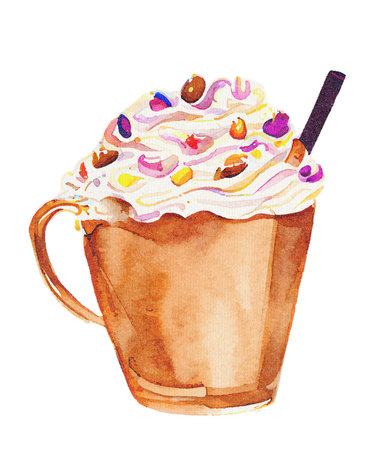 Coffee Milkshake with Whipped Cream and Milk in Mug - Colorful Watercolor Illustration on Paper Texture. Hand Painting Style. Isolated on White Background. Trendy and Creative.の素材