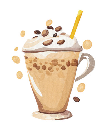 Coffee Milkshake with Whipped Cream, Milk and Decorations in Mug - Watercolor Illustration on Paper Texture. Hand Painting Style. Isolated on White Background. Trendy and Creative.の素材