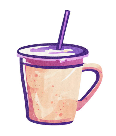 Coffee Milkshake with Whipped Cream and Milk in Mug - Colorful Watercolor Illustration on Paper Texture. Hand Painting Style. Isolated on White Background. Trendy and Creative.の素材