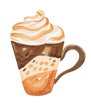 Coffee Milkshake with Whipped Cream, Milk and Decorations in Mug - Watercolor Illustration on Paper Texture. Hand Painting Style. Isolated on White Background. Trendy and Creative.の素材