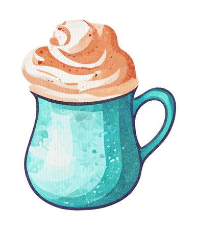 Cappuccino or Latte Coffee with Whipped Cream and Milk in Mug - Watercolor Illustration on Paper Texture. Hand Painting Style. Isolated on White Background. Trendy and Creative.の素材