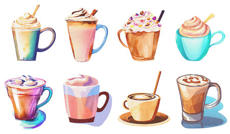 Cappuccino, Latte Coffee and Milkshake in Mug Watercolor Illustrations on Paper Texture Collection. Hand Painting Style Set. Isolated on White Background. Generative AIの素材