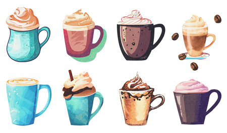 Cappuccino, Latte Coffee and Milkshake in Mug Watercolor Illustrations on Paper Texture Collection. Hand Painting Style Set. Isolated on White Background. Generative AIの素材