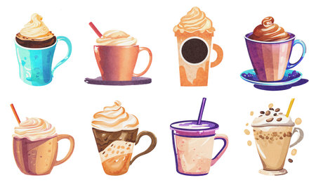 Cappuccino, Latte Coffee and Milkshake in Mug Watercolor Illustrations on Paper Texture Collection. Hand Painting Style Set. Isolated on White Background. Generative AIの素材