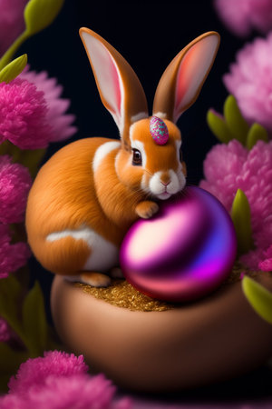 Fluffy and Adorable Eastern Rabbit Hold in Paws Big Luxury Holiday Jewelry Egg. Beautiful Easter Digital Realistic Cartoon Art Style. Cute Bunny with Treasure Egg. Generative AIの素材