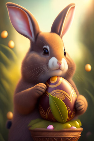 Fluffy and Adorable Eastern Rabbit Hold in Paws Big Luxury Holiday Jewelry Egg. Beautiful Easter Digital Realistic Cartoon Art Style. Cute Bunny with Treasure Egg. Generative AIの素材
