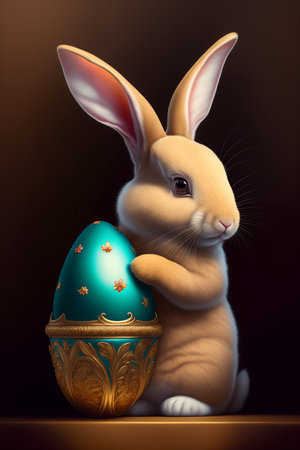 Fluffy and Adorable Eastern Rabbit Hold in Paws Big Luxury Holiday Jewelry Egg. Beautiful Easter Digital Realistic Cartoon Art Style. Cute Bunny with Treasure Egg. Generative AIの素材