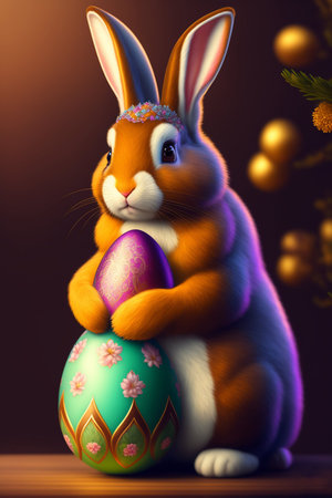 Fluffy and Adorable Eastern Rabbit Hold in Paws Big Luxury Holiday Jewelry Egg. Beautiful Easter Digital Realistic Cartoon Art Style. Cute Bunny with Treasure Egg. Generative AIの素材