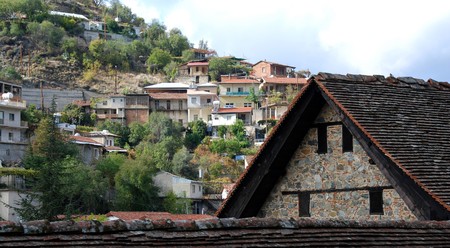 Kalopanayiotis mountain  village at Troodos area in Cyprus. The church in the front is the famous Agios Ioannis Lampadistis.の写真素材