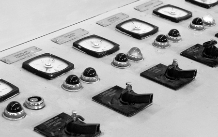 Electricity control panel with clocks measuring and controlling electricity and buttons.の写真素材
