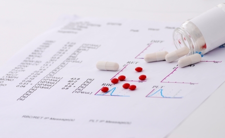 Medical report drugs capsules and red pills.の写真素材
