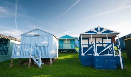 Colorful Beach huts at the seaside of Whitstable at Kent area in southeast England