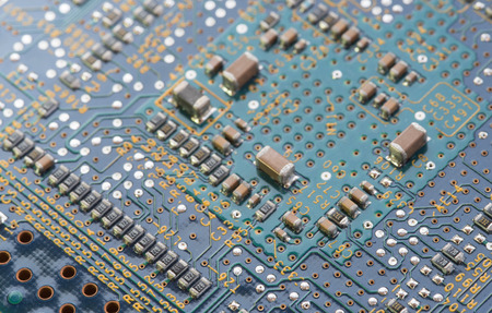 Details of a computer electronic circuit board with components transferring data. Concept of...