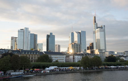 Frankfurt, Germany - August 28, 2015: Skyline of Frankfurt with people walking  at the site of the Rhine river during the museum Embankment  cultural festivalのeditorial素材