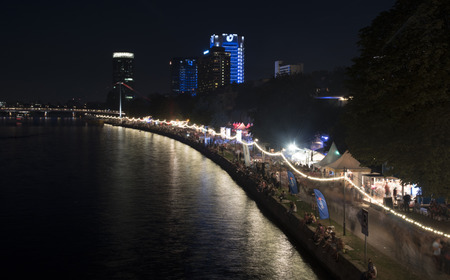 Frankfurt, Germany - August 29, 2015: People walking across the Rhine river during the Museum Embankment Festival in the city of Frankfurt, Germanyのeditorial素材