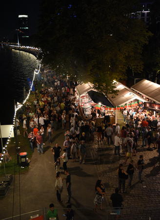 Frankfurt, Germany - August 29, 2015: People walking across the Rhine river during the Museum Embankment Festival in the city of Frankfurt, Germanyのeditorial素材