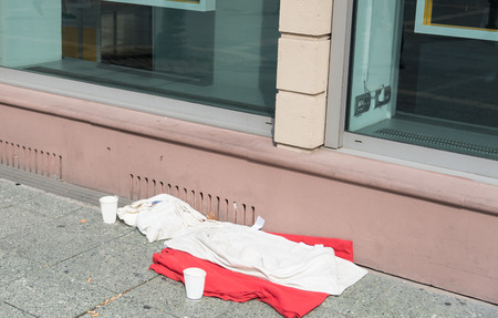 Homeless home bed  at the streets of Frankfurt city in Germanyの写真素材
