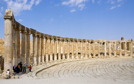 Jerash, Jordan - October  23, 2009: Ruins of the famous archaeological ancient city of Jerash in Jordan with tourist people on the monument on October 23 2009 in Jerash town in Jordan.のeditorial素材
