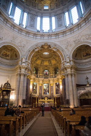 Berlin, Germany - January 17 2016: Interior of the famous Berlin Cathedral with people praying.のeditorial素材