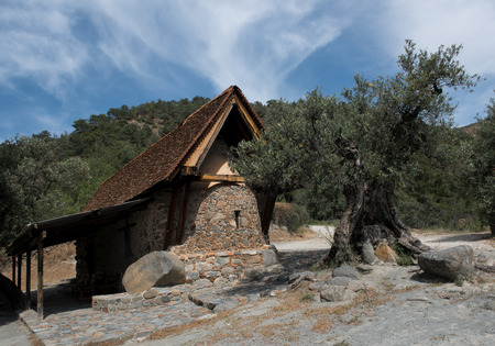 Holy Ancient orthodox Christian church of Agia Paraskevi, saint Paraskevi,  at mountain village of Askas in Cyprus.の写真素材