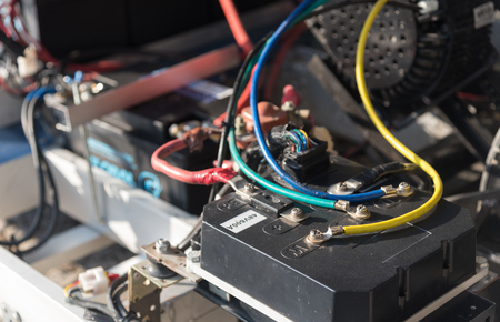 Wiring of a battery power of a solar energy powered environmentally friendly car.の写真素材