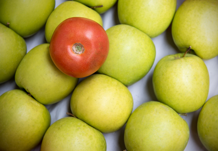 Fresh red tomato fruit resting on green fresh apple fruits.の写真素材