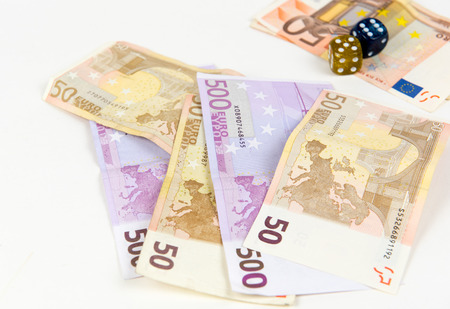 500 and 50 Euro bank notes and dices. Concept of gambling cameの写真素材
