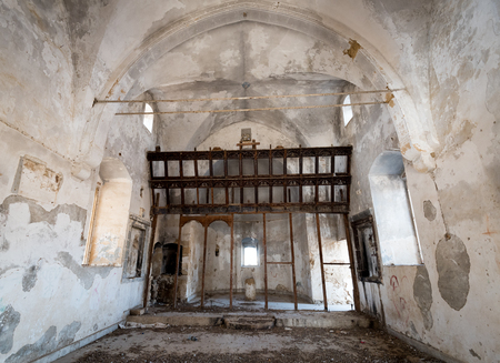 Interior of an abandoned and deserted Christian orthodox church of saint Artemios at the village of Afania in Northen Cyprus.の写真素材