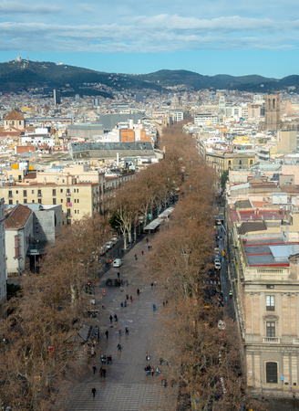 Barcelona, Spain- February 2 2019: Cityscape of Barcelona city with  the famous Las Ramblas street...
