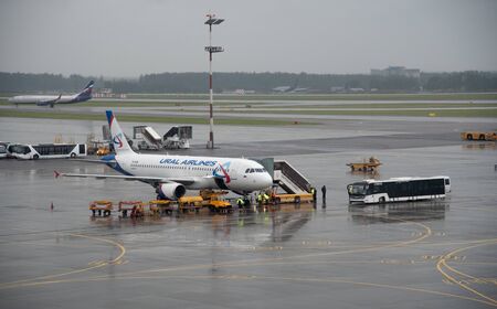 Moscow, Russia- June 12 2018: Airplanes on the runway at terminal D of Sheremetyevo International Airport in Russiaのeditorial素材