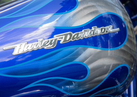 Nicosia, Cyprus- September 30 2018: The sign and logo signature of the famous Harley Davidson brand form a white motorbikeのeditorial素材