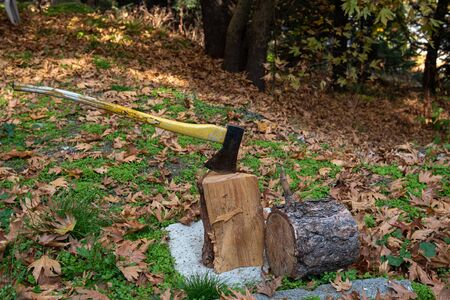 Axe with sharp blade to cut wood and use in a  fireplace for heating during wintertime
