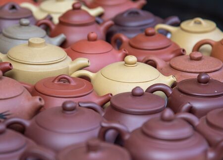 Beautiful handmade ceramic teapots for sale on am amtique marketの写真素材