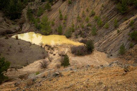 Small lake with yellow toxic water from an ore mine in Cyprus