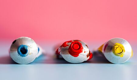 Close up or dry art acrylic painting tubes. Blue Red Yellowの写真素材