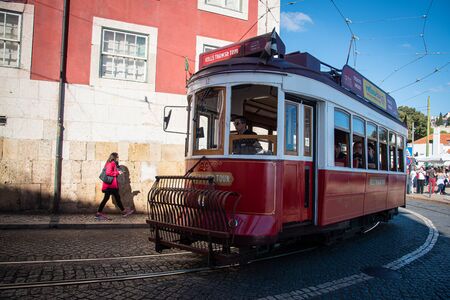 Lisbon, Portugal, October 20 2018 : Traditional local transportation tram at alfama area at Lisbon city in Portugalの写真素材