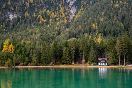 Lago di dobbiago lake with peaceful turquoise water and forest in the dolomites Italian apsの写真素材