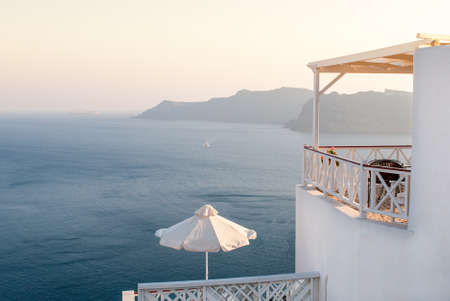 Roof garden cafe restaurant at Santorini island in the Aegean sea in Greeceの写真素材