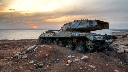 Abandoned military army tank vehicle at sunset in the coastの写真素材