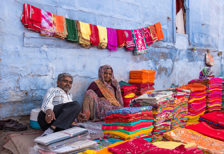 Vendors Selling clothes with vibrant colors in the blue city, Jodhpur