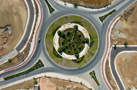 Aerial drone view of a modern designed roundabout. Road transportation Nicosia Cyprusの写真素材