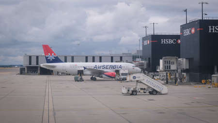 Airplane from air Serbia at London Heathrow airport LHR. Aircraft is prepared for departure.のeditorial素材