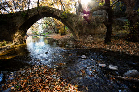 Autumn landscape with river flowing below stoned bridge and yellow maple leaves on the ground.の写真素材