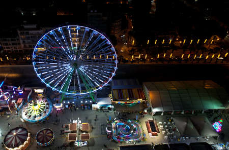 Aerial drone photograph of an amusement park with illuminated games at Christmas. Nicosia Cyprusのeditorial素材