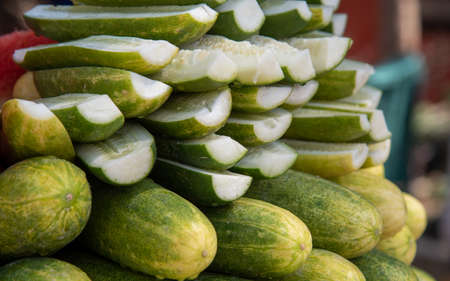 Stack of healthy fresh cucumber nutritious fruitsの写真素材